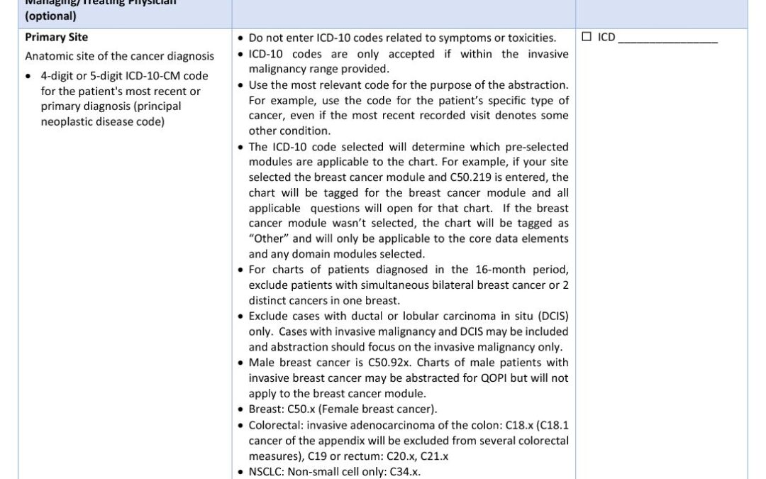 QOPI 2018 Round 2 Chart Abstraction Data Elements for Core and Colorectal Modules