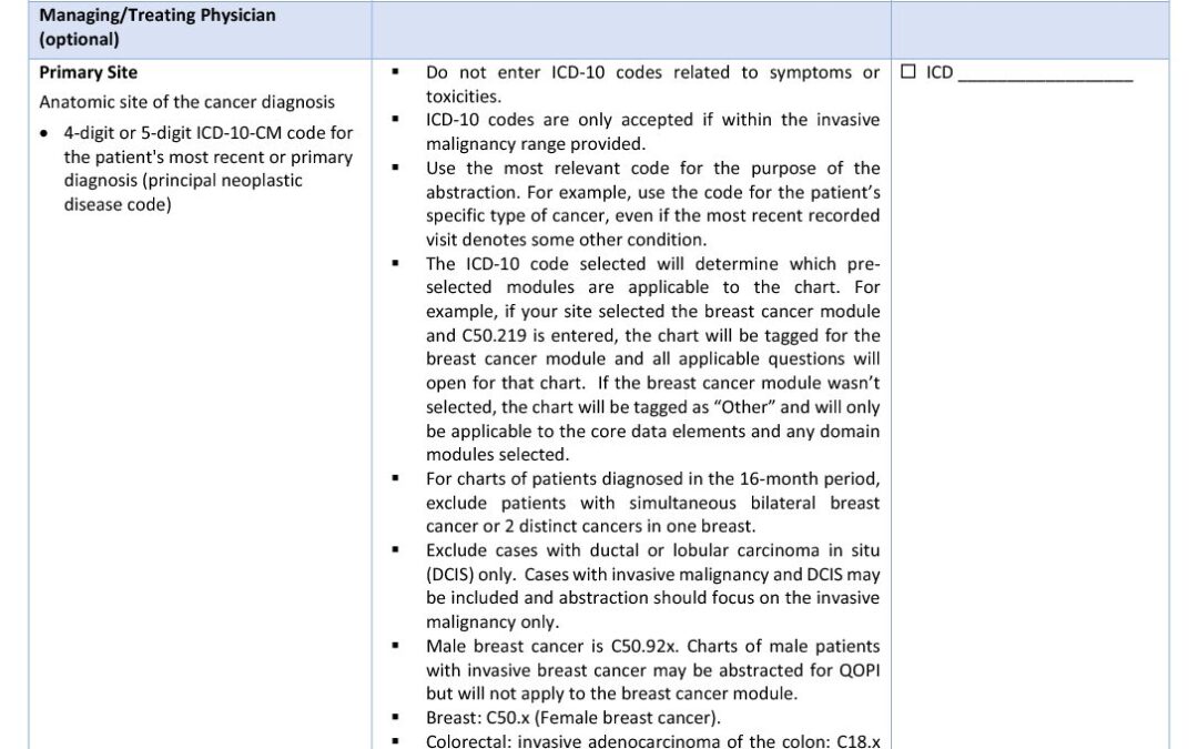 QOPI 2018 Round 2 Chart Abstraction Data Elements for Core and Symptom Modules